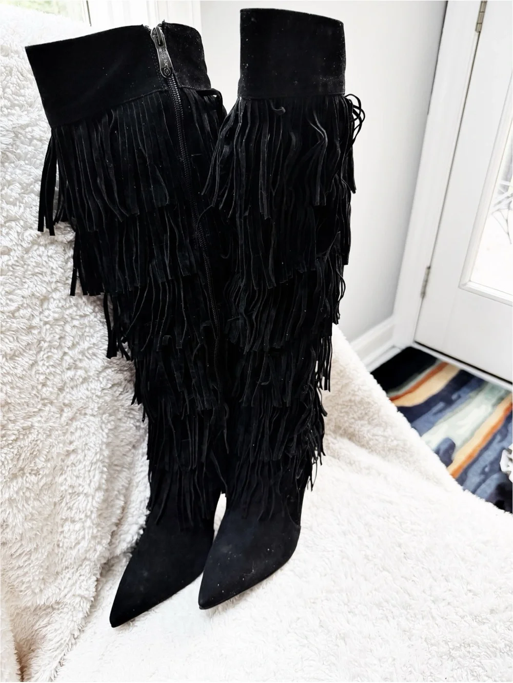 NWOT Black Fringe Stiletto Knee-High Boots